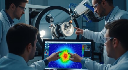 Engineers collaborating around a console displaying surface figure data while overseeing the mirror contour polishing on a space telescope project.