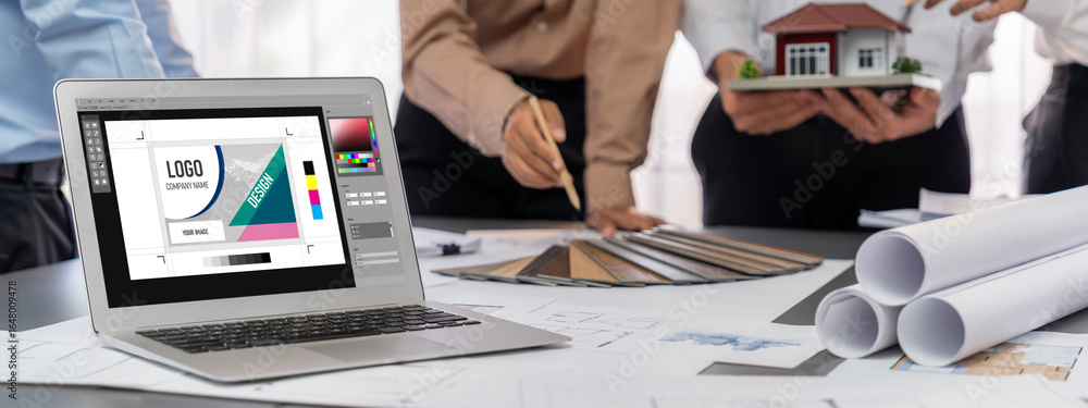 Poster group of interior architect designer discussing together on blueprint and laptop screen display arch