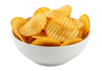 Crispy ruffled potato chips in white bowl against plain background appetizing snack food