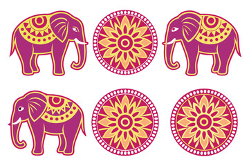 Colorful Indian Elephant Illustrations & Mandala Designs for Cultural Visuals