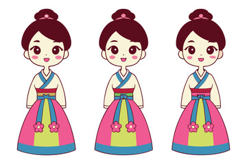 Adorable Korean Hanbok Illustration Three Variations of Traditional Dress