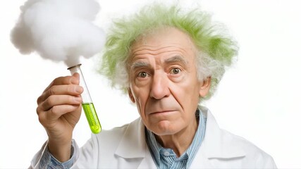 Eccentric scientist experiments with colorful chemical reaction in laboratory