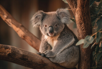 Fototapeta premium A koala is sitting on a tree, holding its head with both hands