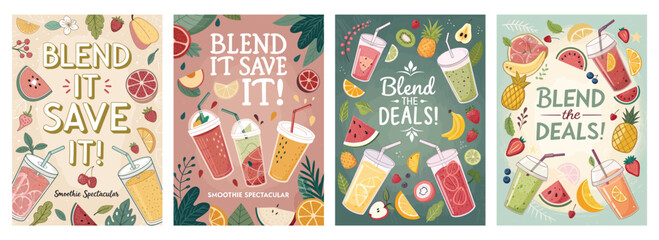 Fototapeta premium Colorful smoothie posters featuring vibrant fruit illustrations and playful typography.