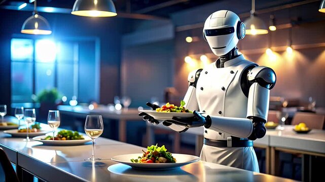 Futuristic Restaurant Setting with Robot Waiter Serving Gourmet Meal to Guests in Modern Dining Area