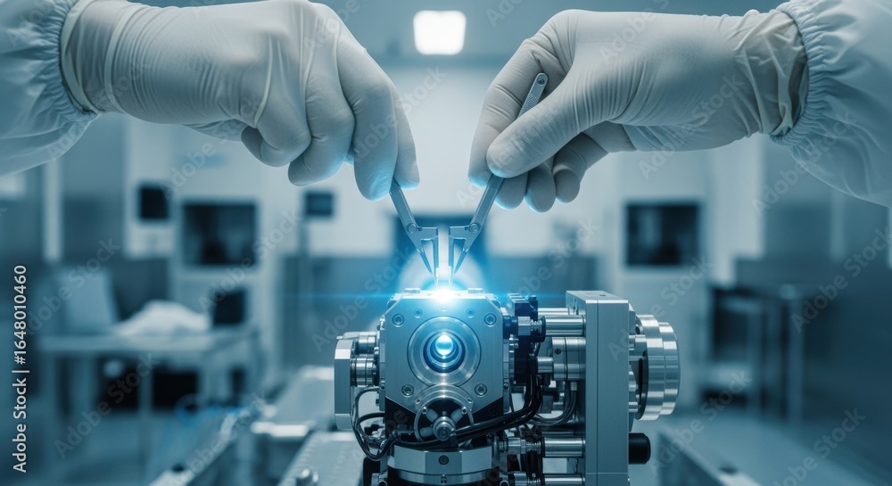 Poster hands holding precision alignment tools above a highenergy laser weapon system inside a rigorously m