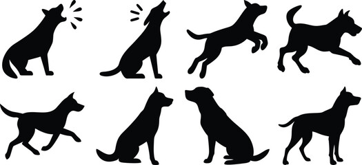 Vector art of collection of dog silhouettes in various poses and actions, isolated on transparent background