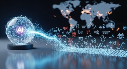 A conceptual illustration of artificial intelligence reshaping global communication by standardizing diverse languages symbolizing the shift in influence and redistribution of