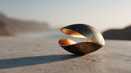 futuristic titanium seed pod with glowing core and golden hour lighting