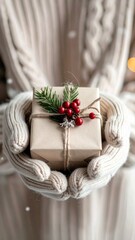 Hands Holding a Christmas Gift Box with Snowy Background and Warm Cream Mittens