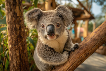 Naklejka premium A koala is sitting on a tree, holding its head with both hands