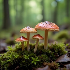 Close-up of nature's fungi: beautiful mushrooms growing in a forest setting