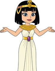 Cartoon Ancient Egyptian Character in White Dress—Gold Belt with Purple Gem and Cobra Headpiece for History, Culture, and Educational Themes