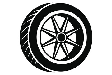 Graphic Silhouette of a Car Tire with Starburst Rim and Treads Isolated