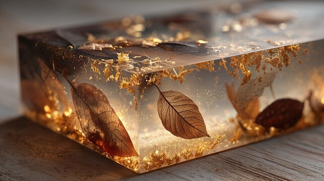 resin slab with dried leaves and gold flakes in warm backlit composition - Powered by Adobe