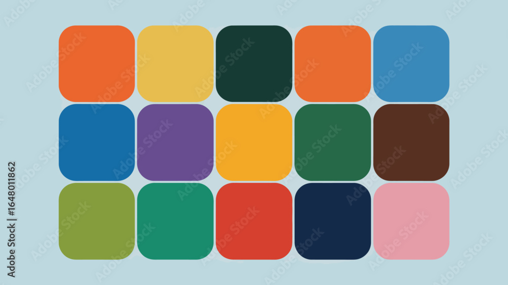 Poster a collection of fifteen rounded squares arranged in a grid pattern with various colors on a light bl