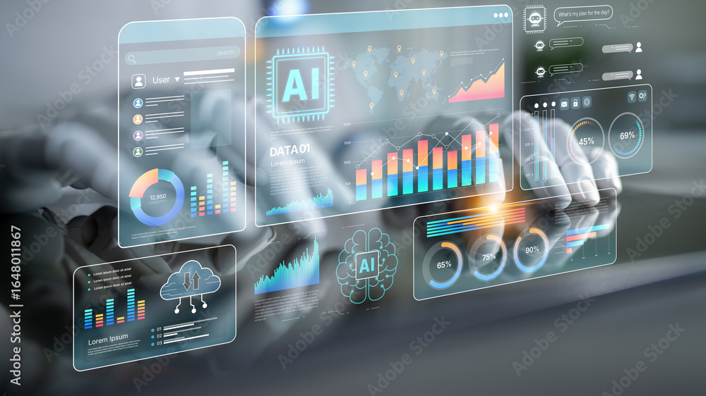 Poster ai brain processes big data with generative ai, llms, and machine learning to support business decis