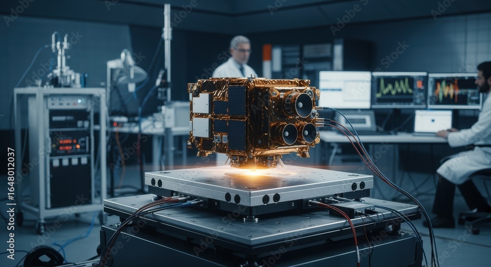 Poster Highpowered vibration table activated beneath geostationary satellite bus producing simulated orbital mechanical environments in lab setting.