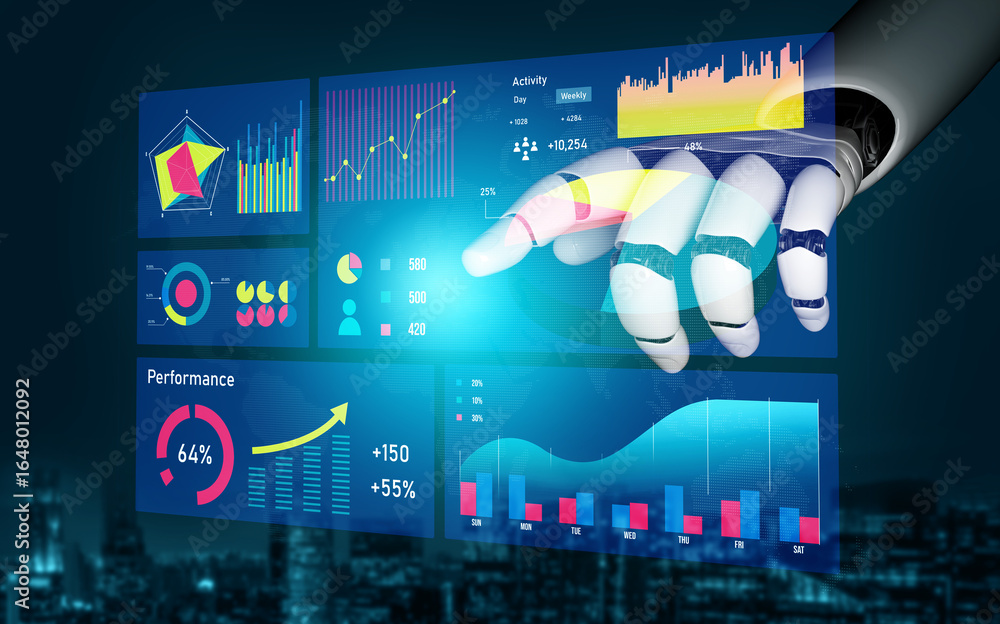 Poster a sleek robotic hand interacts with an advanced digital dashboard showcasing various analytics and p