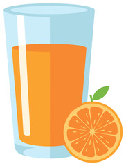 Orange juice vector illustration with a tall clear glass and fresh half orange slice in flat minimal style for beverage and healthy lifestyle design
