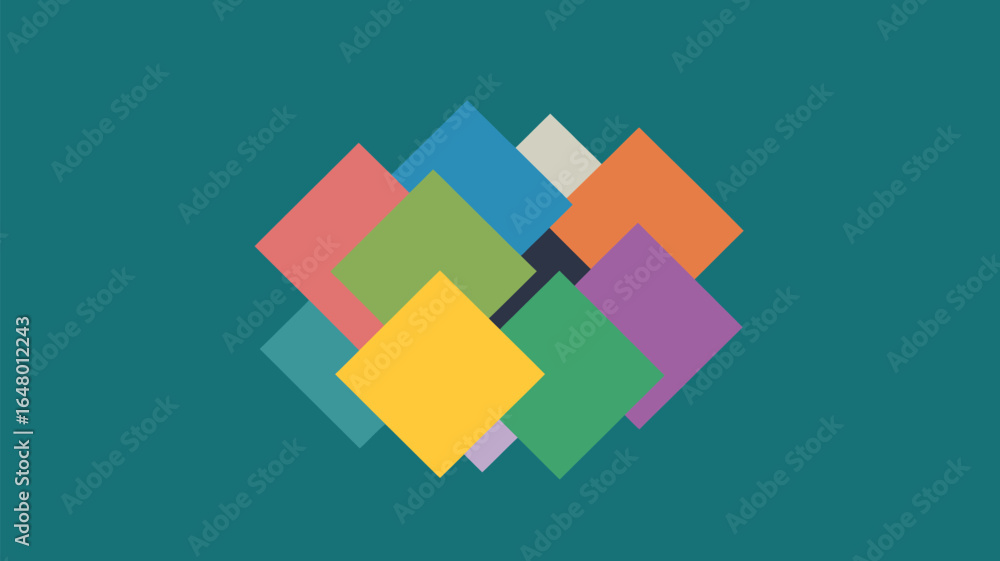 Poster a geometric arrangement of overlapping colorful squares on a teal background creating a modern desig