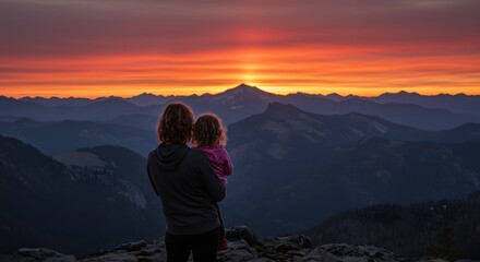 Obraz premium Mother and child witnessing a breathtaking sunrise over mountains
