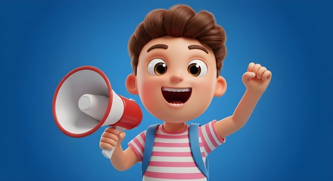 Excited 3D Cartoon Boy Shouting Through Megaphone Announcing News or Promotion Isolated on Blue