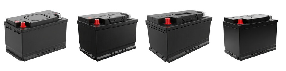 Set of four black car batteries with rectangular shapes and red positive terminals, isolated on transparency background with clear details