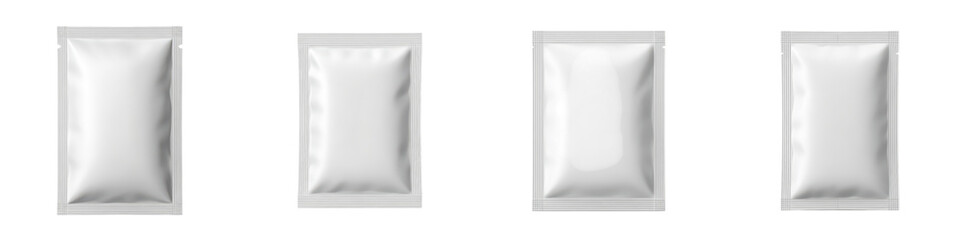 Blank matte white sachet pouch standing upright with smooth surface, perfect for packaging small products or samples in clean design