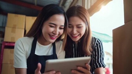 Two young Asian women smiling as they look at a tablet, showcasing teamwork in a business environment, capturing a moment of shared success and collaboration - Powered by Adobe