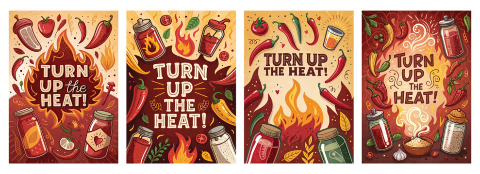Colorful illustrations featuring vibrant chili peppers and bold text celebrating spicy cuisine.