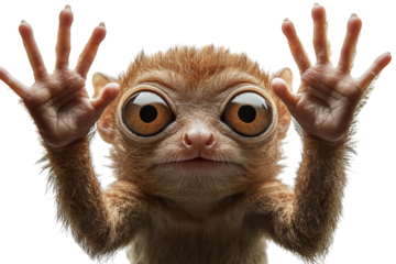 Close-up of a curious animal with large eyes and outstretched hands.