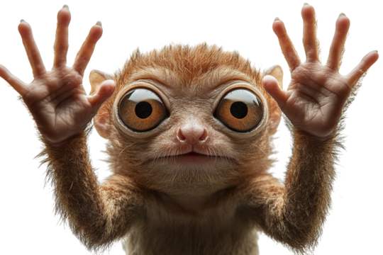 Close-up of a curious animal with large eyes and outstretched hands.