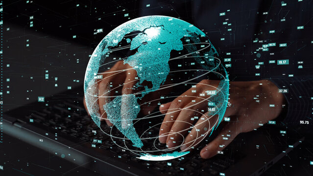 Illustration depicting a digital globe representing global data connectivity, with hands interacting on a keyboard in a modern workspace, showcasing technology and innovation. Xenic