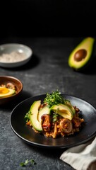 asian cuisine korean food rice dish matte black plate vegan meal avocado slices korean cuisine bibimbap modern presentation
