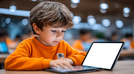 Child learning tablet education studying school student technology classroom digital device kid online young Mockup Transparent Screen 