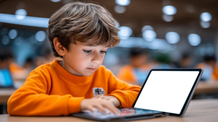 Child learning tablet education studying school student technology classroom digital device kid online young Mockup Transparent Screen 