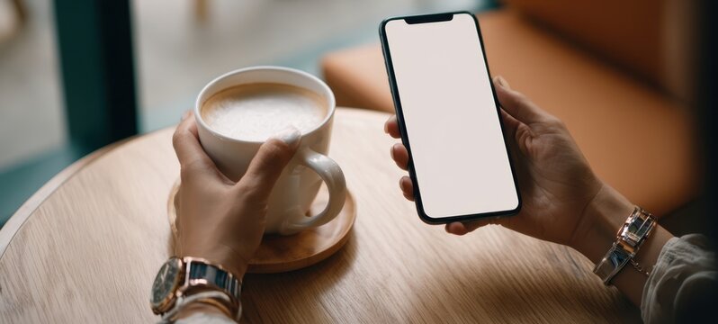 The smartphone and coffee cup on a wooden table in a cozy cafe setting - Powered by Adobe