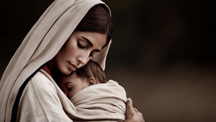 Virgin Mary tenderly holding baby Jesus — symbol of maternal love, purity, protection, and divine grace, inspiring faith, hope, and compassion