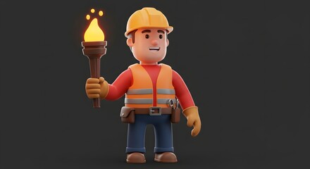 Industrial worker mascot with a torch symbolizes guidance, discovery, and leadership in construction projects