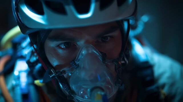 Focused medium shot showing a climber using xenon gas breathing aid under dimlylit lowoxygen monitors with rest of the highaltitude lab equipment out of focus to stress