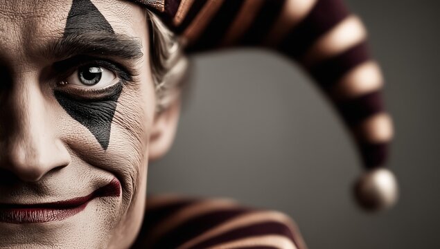 Close up of man in jester costume with face paint - Powered by Adobe