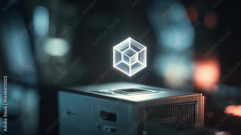 Poster Medium shot of a glowing holographic NFT token hovering above a blockchain vault device sharp details on token and vault with an abstract tech environment softly out of focus.