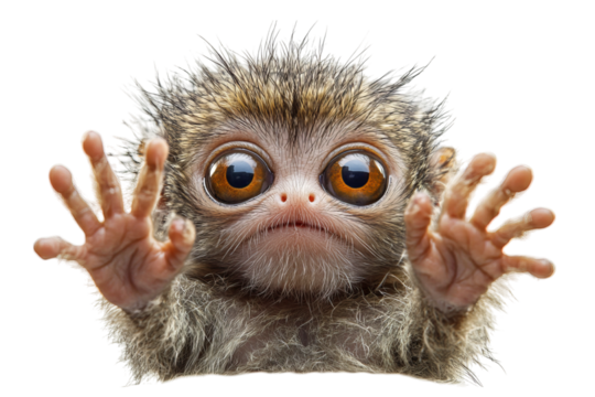 A cute, furry creature with large eyes reaching out, conveying innocence and curiosity.