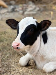 A black and white calf lies down in a farmyard, looking to the side with curiosity