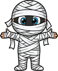 Cartoon Mummy Character with Big Blue Eyes and White Bandages—Halloween Monster Illustration for Kids, Fun, and Festive Themes