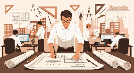 Architectural design team collaborating on building project blueprints