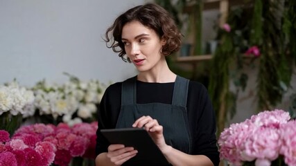 Young woman florist with digital tablet, surrounded by vibrant pink and white flowers, embodies modern gardening and small business, evokes springtime floral entrepreneurship - Powered by Adobe
