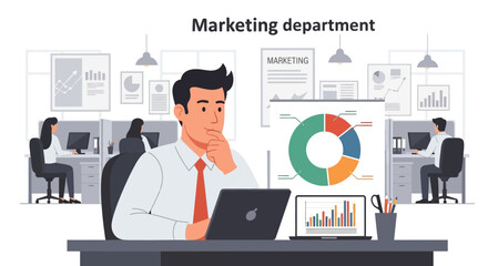 Thoughtful marketing manager analyzing data in a collaborative open office space