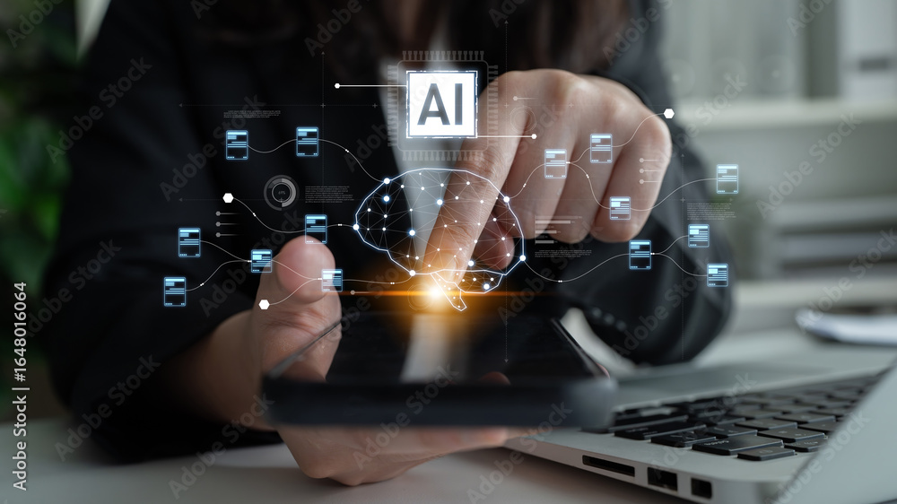 Poster ai neural network and data processing system visualizing artificial intelligence with brain structur